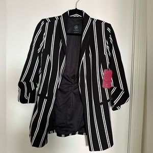 Striped ruched sleeve open front blazer, size S